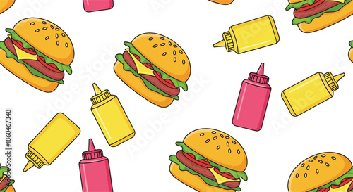 Cheeseburger and sauce bottle seamless pattern with fast food icons scattered for restaurant menu and packaging designs vector illustration