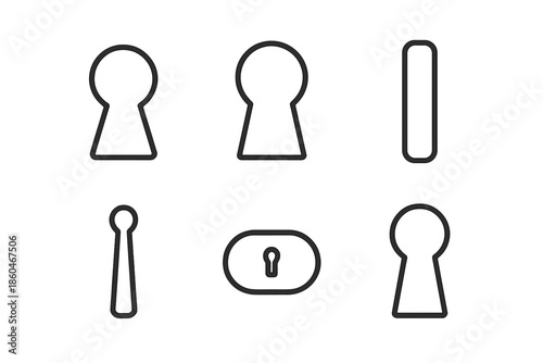 Keyhole Icon Styles. Line style icons of Keyhole: classic keyhole, rounded keyhole, tall slot shape, narrow lock opening, oval key