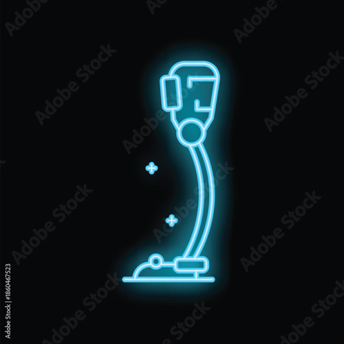 Glowing blue neon icon of a prosthetic leg, symbolizing resilience and the potential of technology in overcoming physical limitations