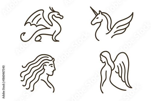 Legendary Creatures Icons. Line style icons of Legendary Figures: smooth serpentine line, subtle horn tip, flowing tail, gentle