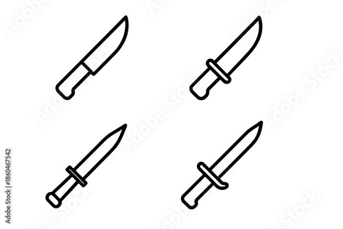 Bladed Tools Icons. Line style icons of Bladed Tools: sharp edge, slim blade, hilt line, pointed end, narrow profile, cutting