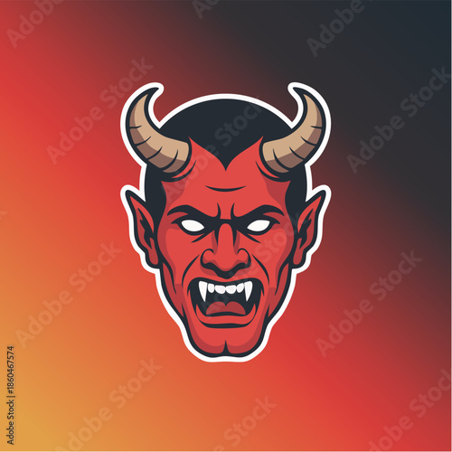 Fierce red demon head illustration with horns art.