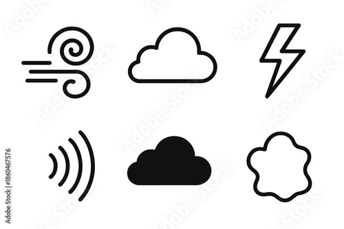 Weather Turbulence Icons. Line style icons of Weather Turbulence: strong wind swirl, thick cloud, angled bolt, pressure wave, dark
