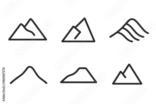 Minimal Mountain Icons. Line style icons of Heights: high ridge, angular climb, slope contour, small summit line, elevated form,