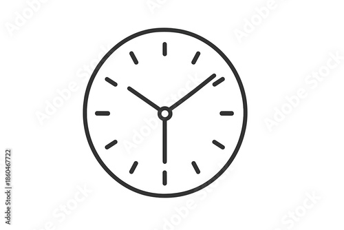 Minimalist Clock Icons. Line style icons of Clock: round clock, hour hand, minute hand, simple dial, tick marks, smooth circle. No