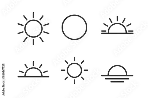 Sun Icon Varieties. Line style icons of Sun: full sun, ray circle, half sun, soft beam arc, round disk, gentle glow shape. No text