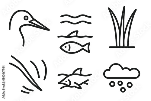 Aquatic Bird Strike Icons. Line style icons of Aquatic Bird Strike: pointed beak profile, current lines, submerged prey, tall