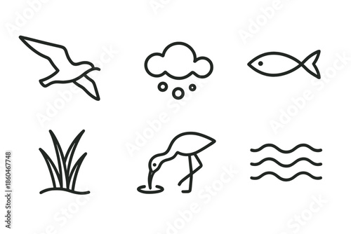 Seaside Fisher Icons. Line style icons of Seaside Fisher Glide: gliding bird, sea foam, tiny fish shape, dune grass, beak dip,