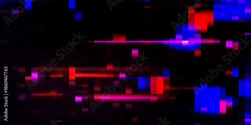 Red and blue screen frame bg. Noise vhs tv effect background. Digital static pixel error signal. Futuristic abstract rewind video hologram with scratch and chaos destruction. Old cyber broken tape