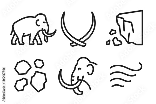 Glacial Tusk Icons. Line style icons of Glacial Tusk Presence: sturdy creature, tapered tusks, glacier edge, icy fragments, snout