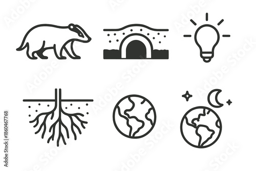 Earth Home Icons. Line style icons of Earth Home Illumination: badger-like stance, round tunnel, packed soil, soft light source,