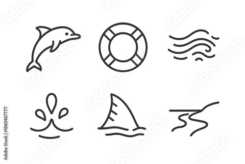 Aquatic Drift Icons. Line style icons of Aquatic Circle Drift: sleek mammal form, buoy ring, drifting current, fin sweep, soft