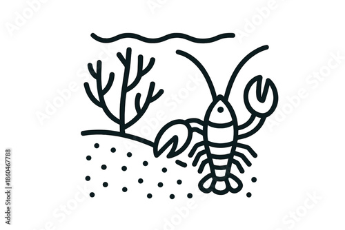Seabed Line Icons. Line style icons of Seabed Pincer Scene: lobster-like body, branching coral, open claw, grainy floor, antenna