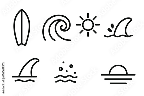Tube Surf Icons. Line style icons of Tube Surf Radiance: curved board, tight barrel, warm sun, fin glide, splash dots, horizon