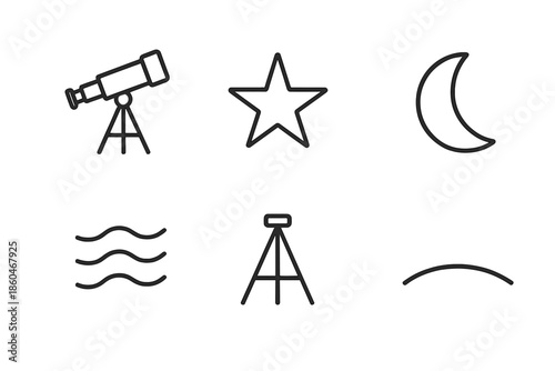 Lunar Starwatch Icons. Line style icons of Starwatch Lunar View: telescope form, distant star, half-moon shape, tripod line, air