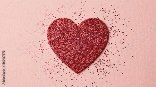 Glittering red heart shape surrounded by sparkling confetti on a soft pink background