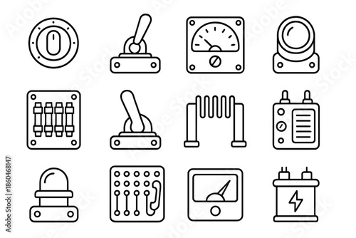 Vintage Control Panel Icons. Line style icons of vintage control panels: rotary knob, toggle switch, analog dial, indicator light;