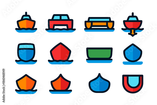 Flat Hull Icons. Flat vector icons of hull design: monohull, catamaran, trimaran, planing hull, displacement hull, V-shaped hull,