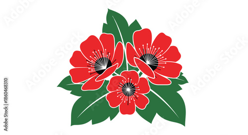 Beautiful illustration of three vibrant red poppy flowers with green leaves and black centers against a clean white background.