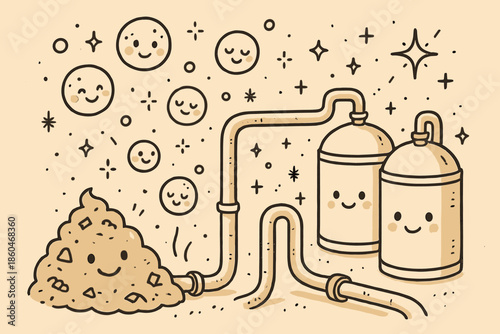 Playful Gas Collection Scene. Playful doodle landfill gas capture scene with happy pipes, cartoon gas bubbles with faces, smiling