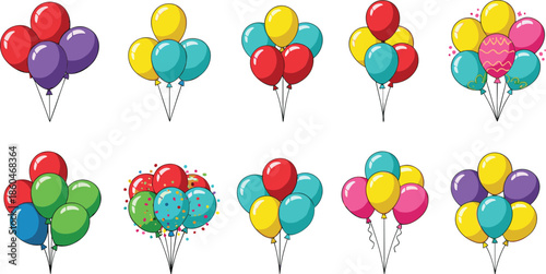 Colorful balloon bunches collection for birthday party celebrations, events, and festive decorations isolated on white background vector illustration