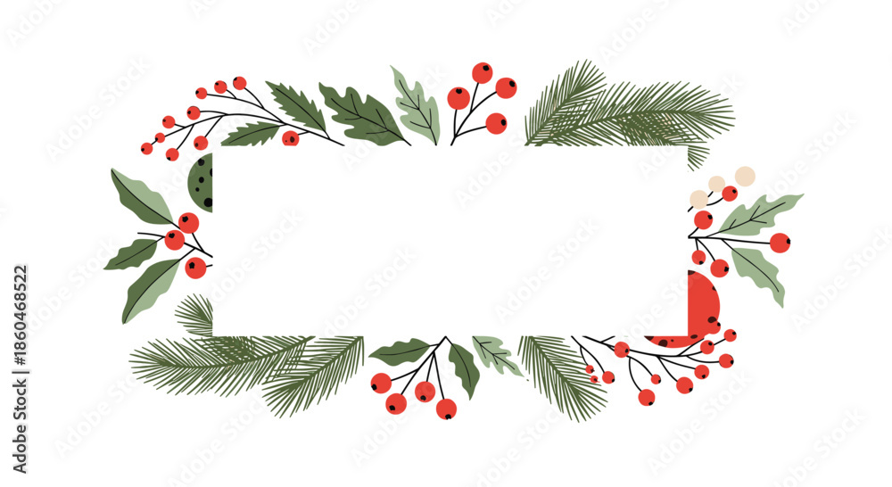 Naklejka premium Rectangular botanical frame created with green pine branches red berries and leaves for seasonal holiday or winter themed designs.