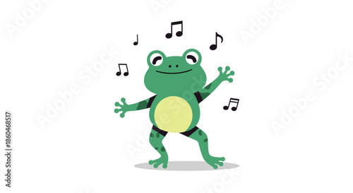 Joyful cartoon frog dancing happily surrounded by floating musical notes in a fun and whimsical vector illustration for children.