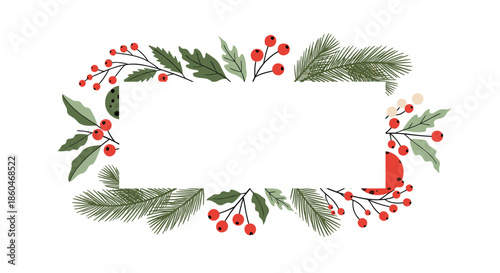 Rectangular botanical frame created with green pine branches red berries and leaves for seasonal holiday or winter themed designs.