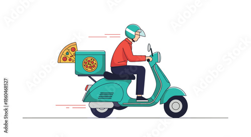 Fast pizza delivery service concept featuring a courier riding a teal scooter with a pizza box on the back against a white background.