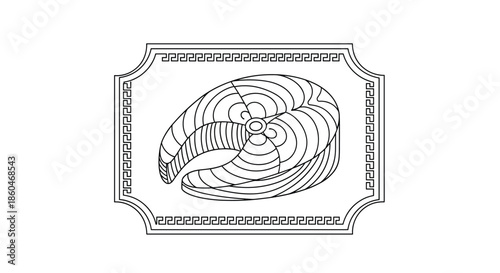 Black and white line art illustration of a fresh salmon steak served on a decorative plate with an ornate greek key pattern border.