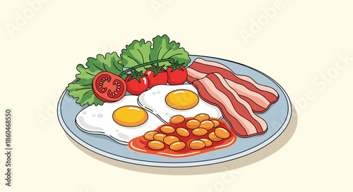 Delicious breakfast plate illustration featuring fried eggs crispy bacon slices roasted tomatoes and baked beans in tomato sauce.