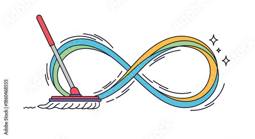 Creative cleaning concept illustration showing a mop creating an infinity symbol shape with colorful streaks on a white background.