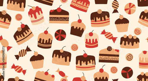 Sweet treat seamless pattern design showing various cupcakes, cakes, candies, and lollipops in warm chocolate and berry tones for a bakery theme.