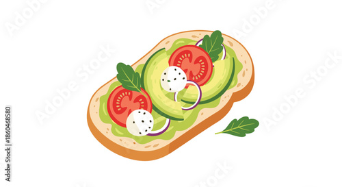 Delicious avocado toast topped with fresh tomato slices, mozzarella pearls, and red onion rings on a piece of crusty sourdough bread.
