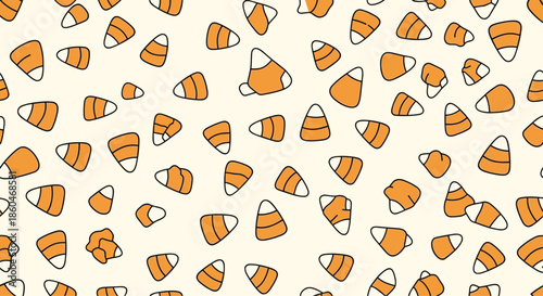 Colorful seamless pattern background featuring numerous scattered candy corn pieces perfect for Halloween celebrations and festive autumn decor.