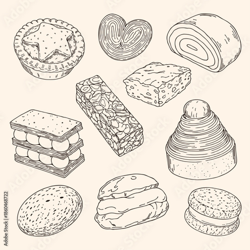 Hand-drawn Dessert Vector Set: Mont Blanc, Dacquoise, Cream Puff, Gingerbread, Mille-Feuille, Brownie, Orechovy Zavin, Palmier, Mince Pie, Turrón Line Art Dessert Illustrations