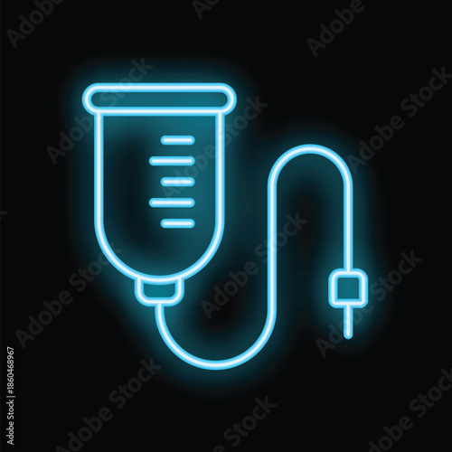 Neon blue medical iv bag glowing on black background representing iv therapy