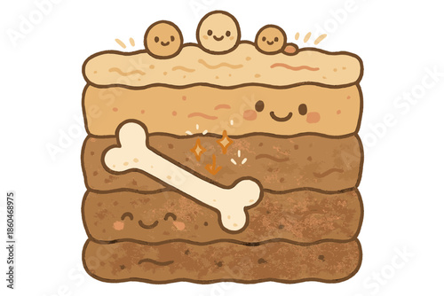 Cheerful Fossilization Process. Cute doodle fossilization process scene with cheerful sediments, cartoon bones being buried,