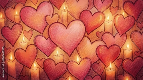 A warm and romantic illustration featuring numerous heart shapes in various sizes with lit candles creating a cozy atmosphere