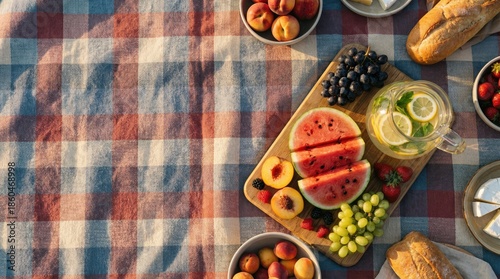 Colorful picnic spread with fresh fruits, bread, and lemonade on a checkered blanket