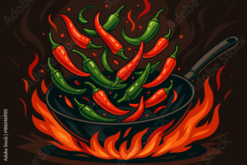 Sizzling Chili Peppers. Vibrant red and green chili peppers tossed in a sizzling wok, rich textures, bold lighting, dynamic and
