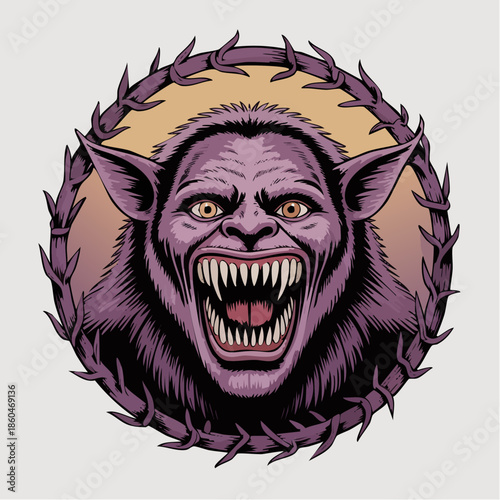 Monstrous snarling beast head with fangs circular frame.