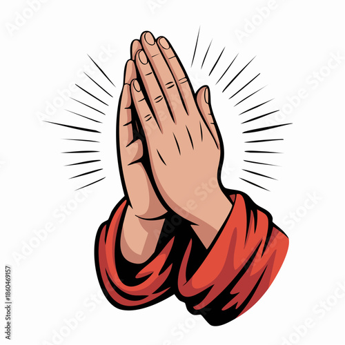 Praying hands illustration gesture in red robe.