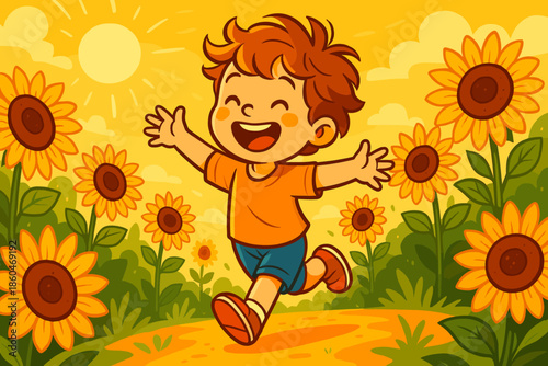 Joyful Child in Sunflower Field. Playful child running through a sunflower field under bright golden sunlight, vibrant and