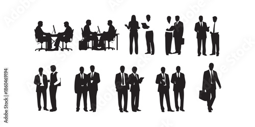 Business meeting with team members discussing strategy and planning in a professional office setting, isolated on white background, Diverse group of business people silhouettes standing ,pro