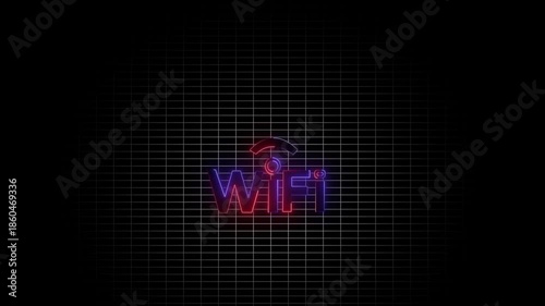 Neon  WiFi signal icon animation with glowing text on black background