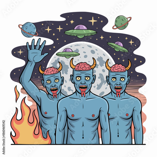 Three blue demon figures standing together.