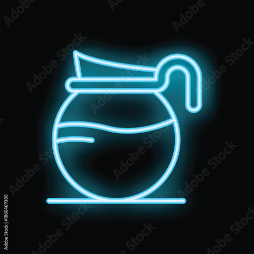 Bright turquoise neon sign depicting a coffee pot full of liquid, handle on its side, resting on a countertop, against a black background