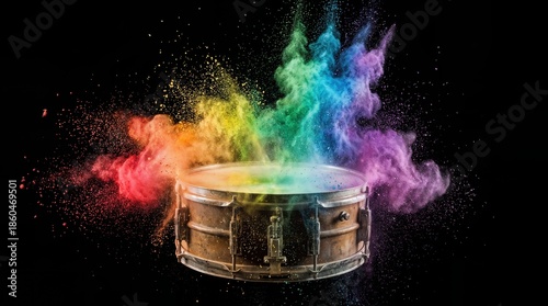 A Vintage Snare Drum with a Colorful Powder Explosion on a Black Background