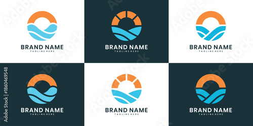 Sun and sea logo design set